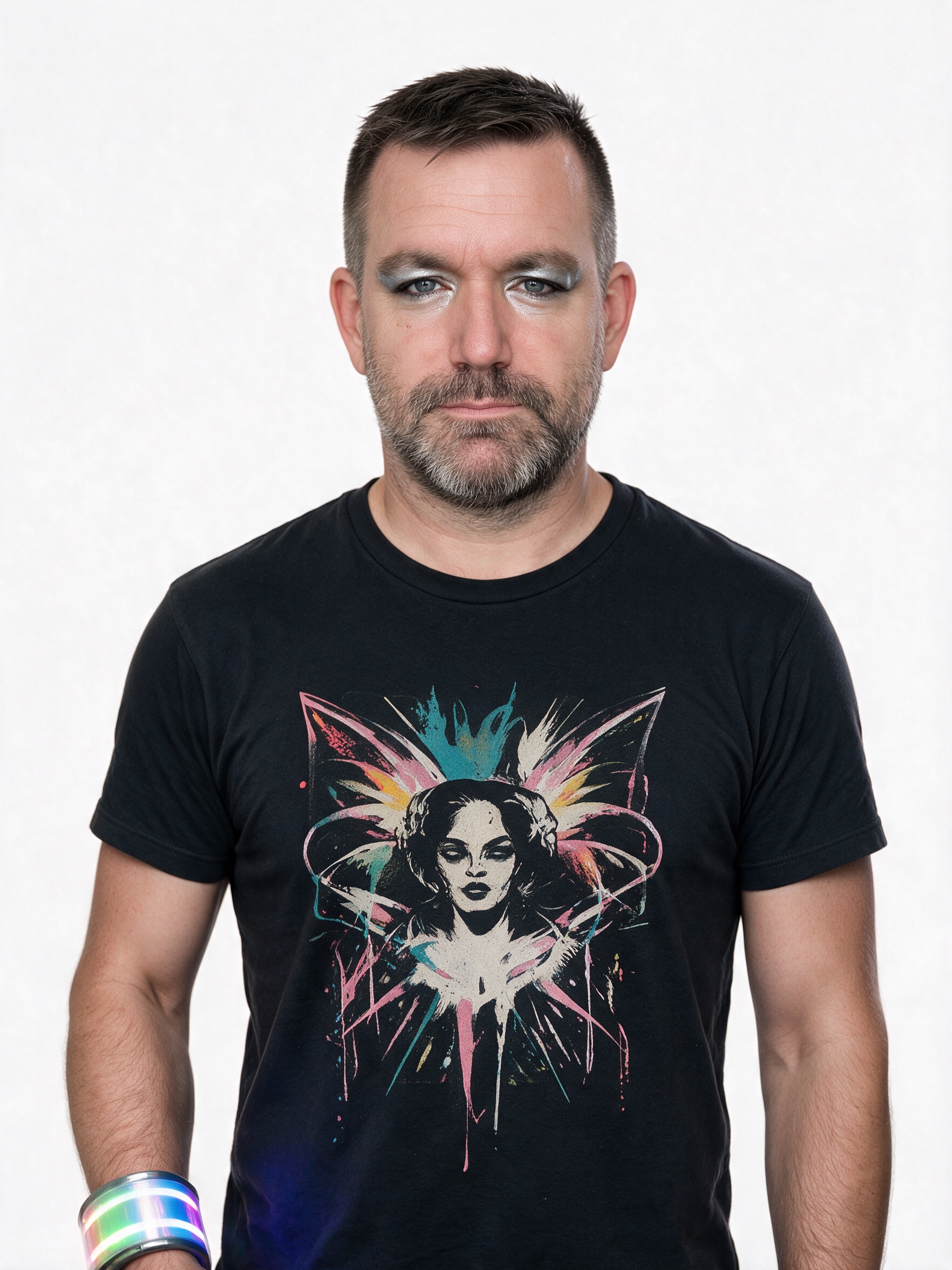 DJ HaRa wearing a black graphic T-shirt and silver eye makeup